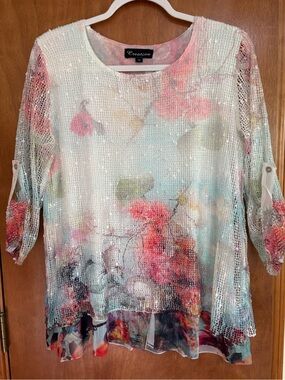 Creation Floral Mesh Knit Layered Tunic Blouse Roll-Tab Sleeves M